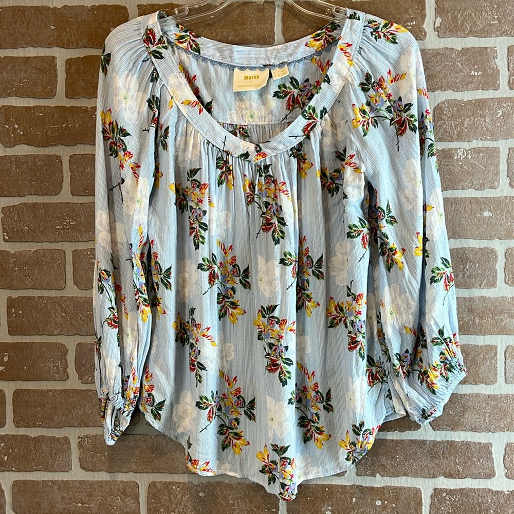 Maeve Anthropologie Womens Top Boswell Blue Stripe Floral Top Blouse Vee neck